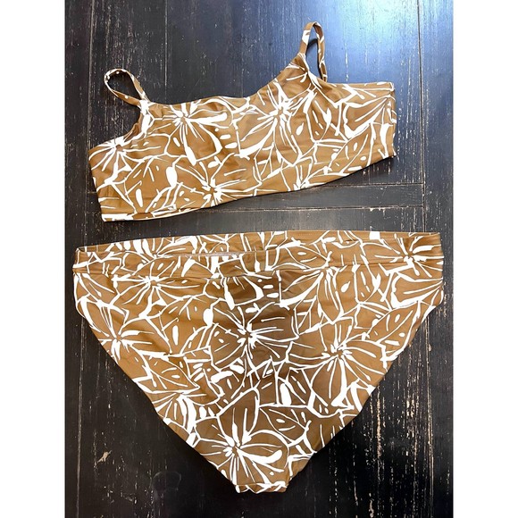 Madewell Tie Back Bikini White Gold Abstract Floral Sepia Plus Size 4x - Picture 7 of 12